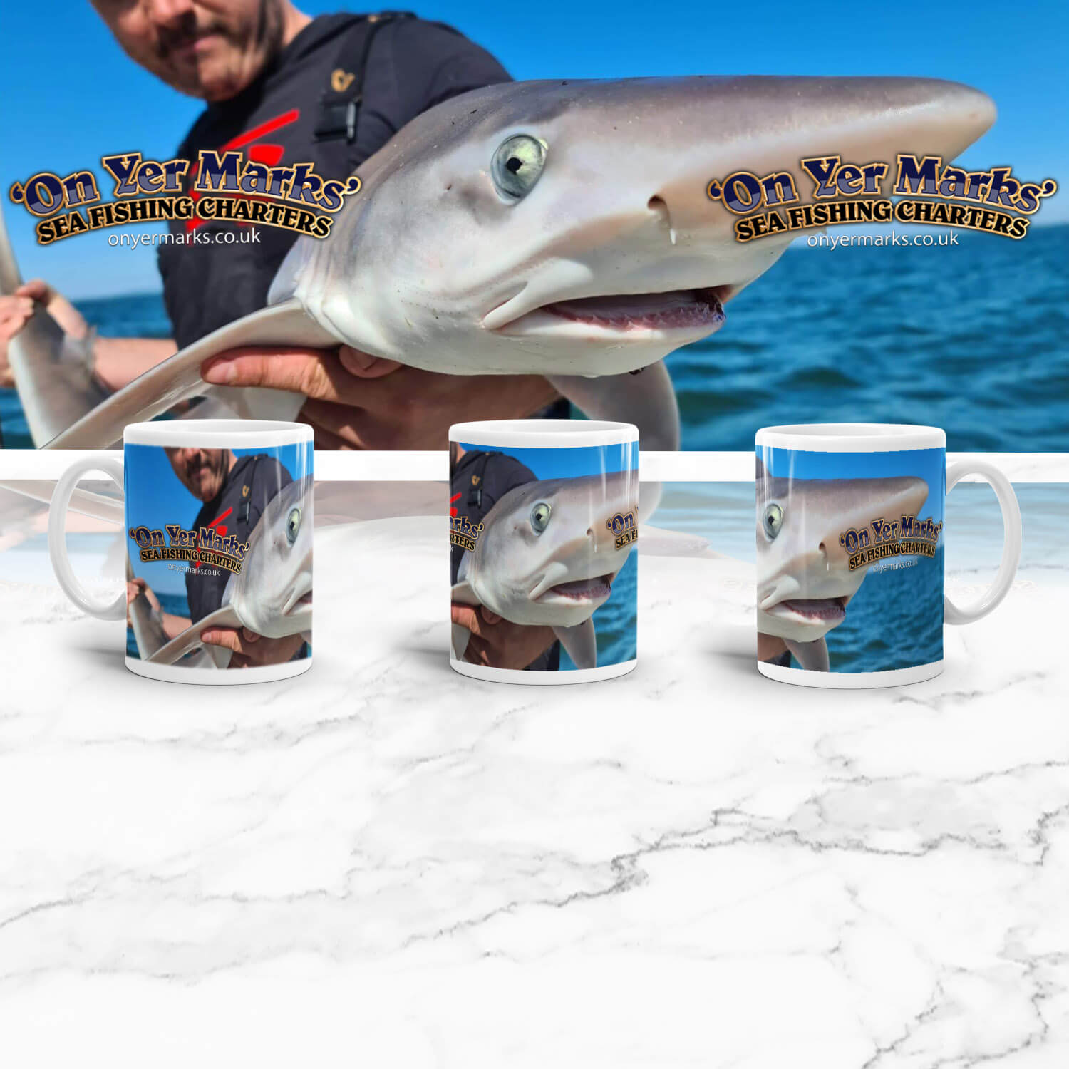 On Yer Marks Sea Fishing Charters11oz ceramic Mug, Tope and Logo