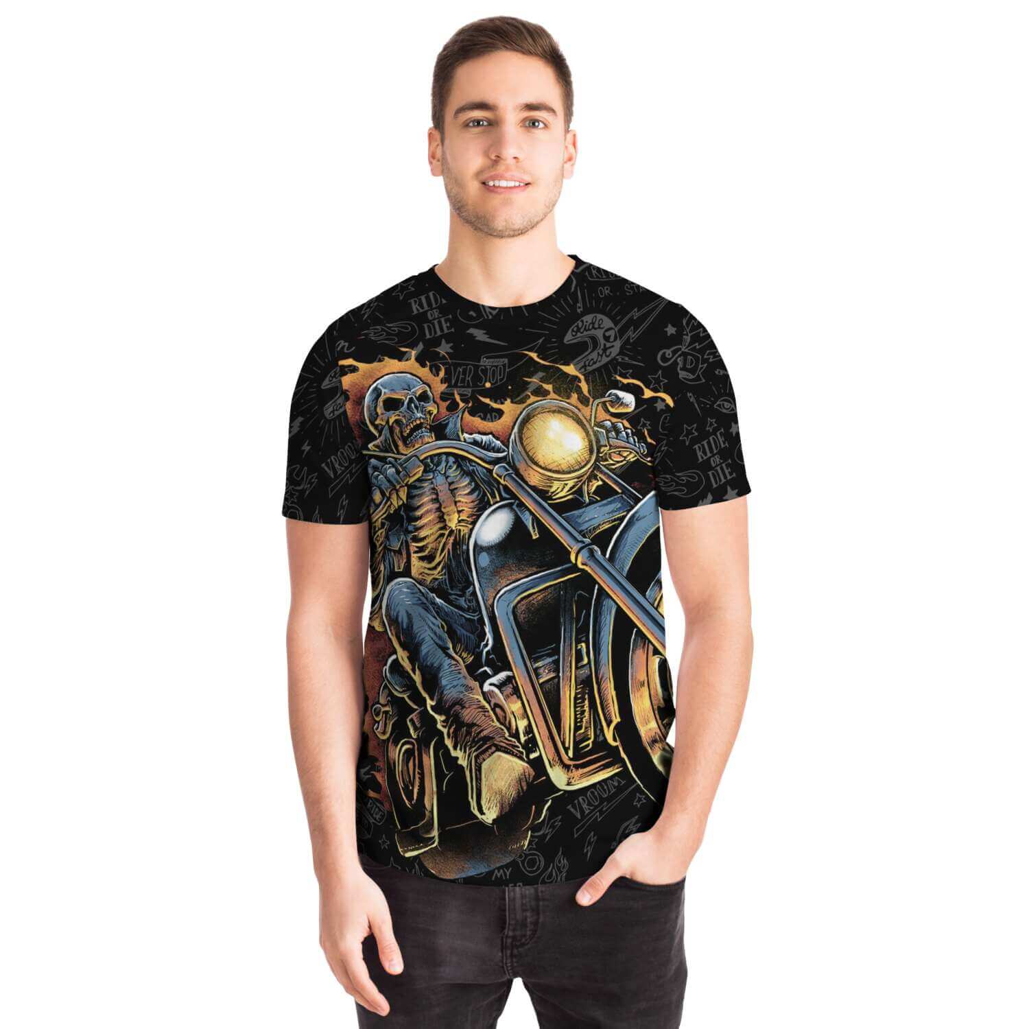 Burning-Skull-Motorcycle-T-Shirt-male-front