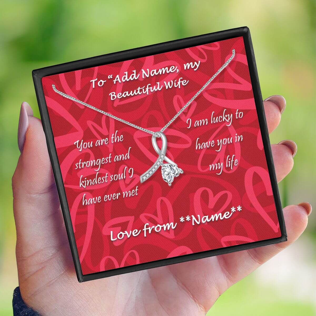 Necklace-Hand-held-box-Enchanting-Ribbon-Beautiful-Wife-personalised - BIG ON Jewellery, BIG ON Necklaces