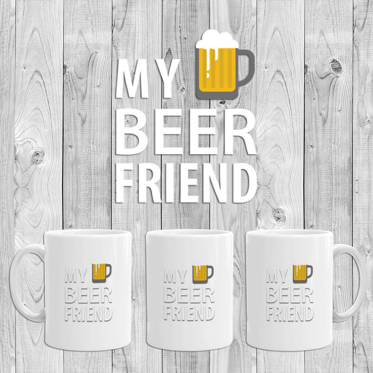 11oz-White-Ceramic-Mug-My-Beer-Friend-3side-view-grey-wood-bgnd