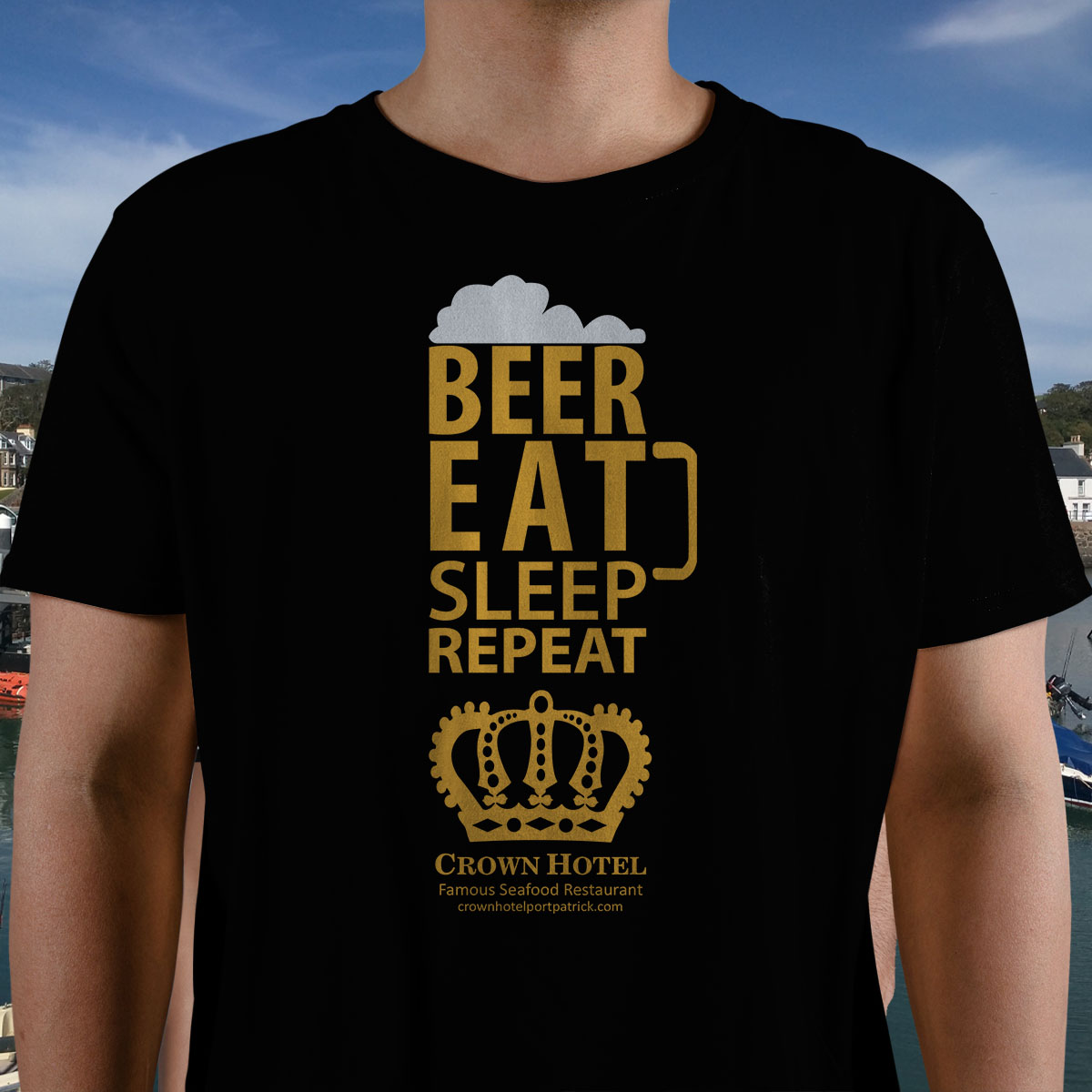 BeerEatSleepRepeat-Crown-Hotel-Portpatrick-Gildan6400-Unisex-Beer-T-Shirt-bgnd-male-close-up