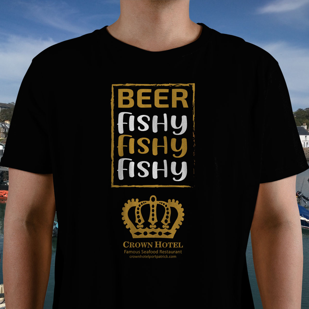 BeerFishyFishyFishy-Crown-Hotel-Portpatrick-Gildan6400-Unisex-Beer-T-Shirt-bgnd-male-close-up