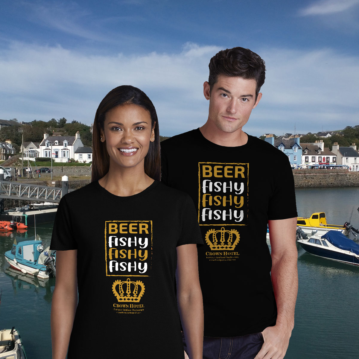 BeerFishyFishyFishy-Crown-Hotel-Portpatrick-Gildan6400-Unisex-Beer-T-Shirt-with-bgnd-couple