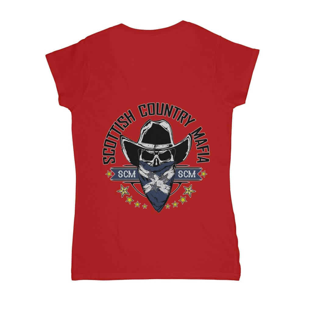 New-SCM-Logo-Classic-Womens-V-Neck-T-Shirt-Back-Design-Red