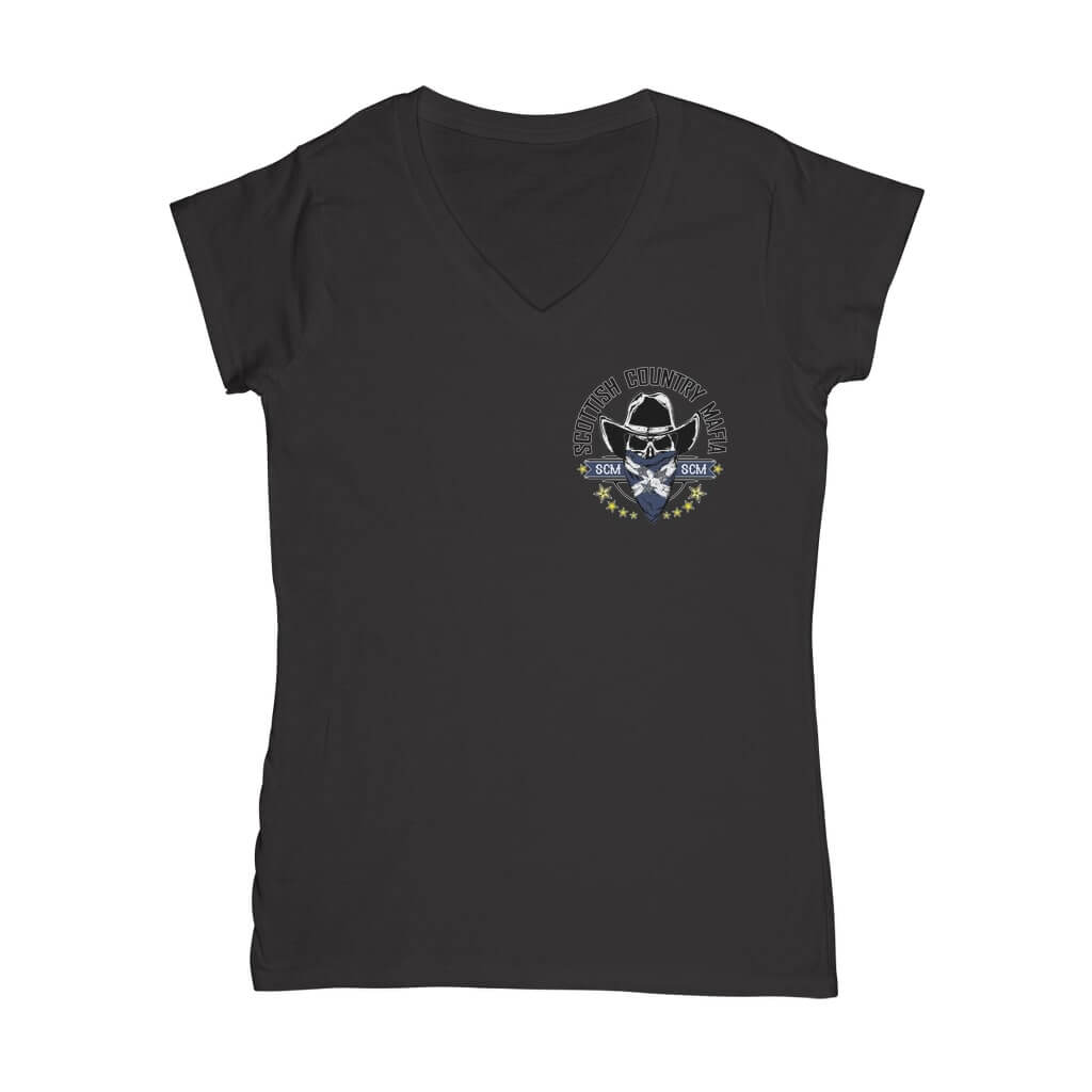 New-SCM-Logo-Classic-Womens-V-Neck-T-Shirt-Front-Back-Design-Black