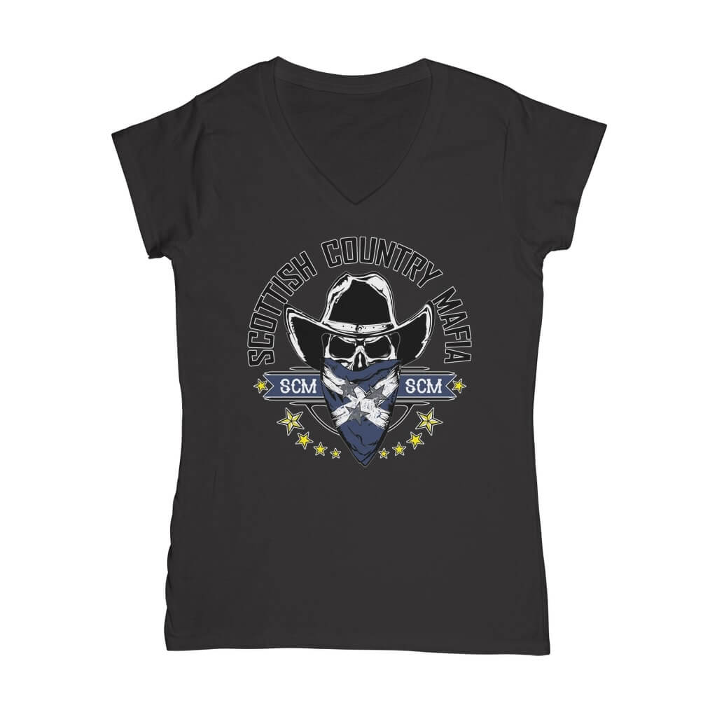 New-SCM-Logo-Classic-Womens-V-Neck-T-Shirt-Front-Design-Black