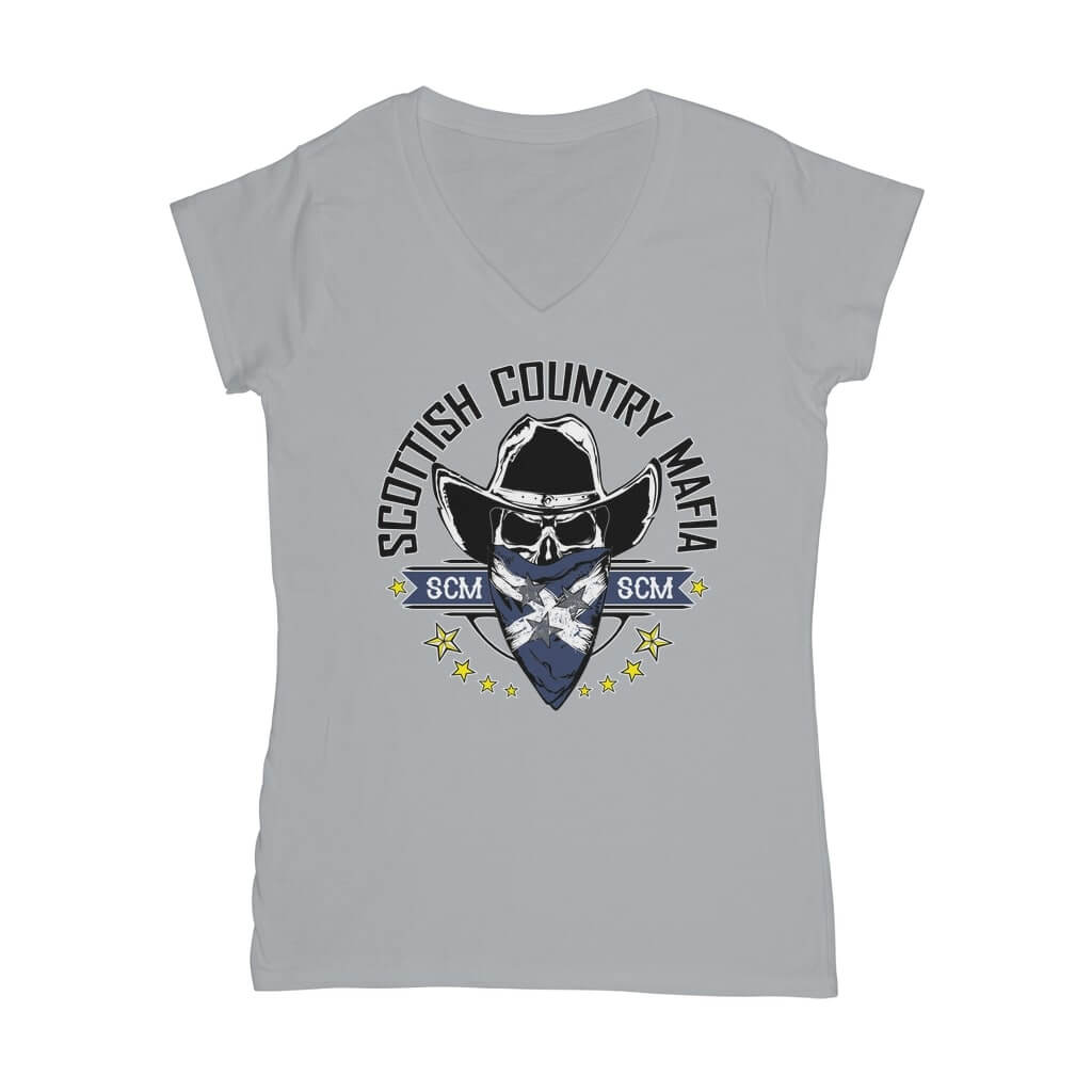 New-SCM-Logo-Classic-Womens-V-Neck-T-Shirt-Front-Design-Light-Grey