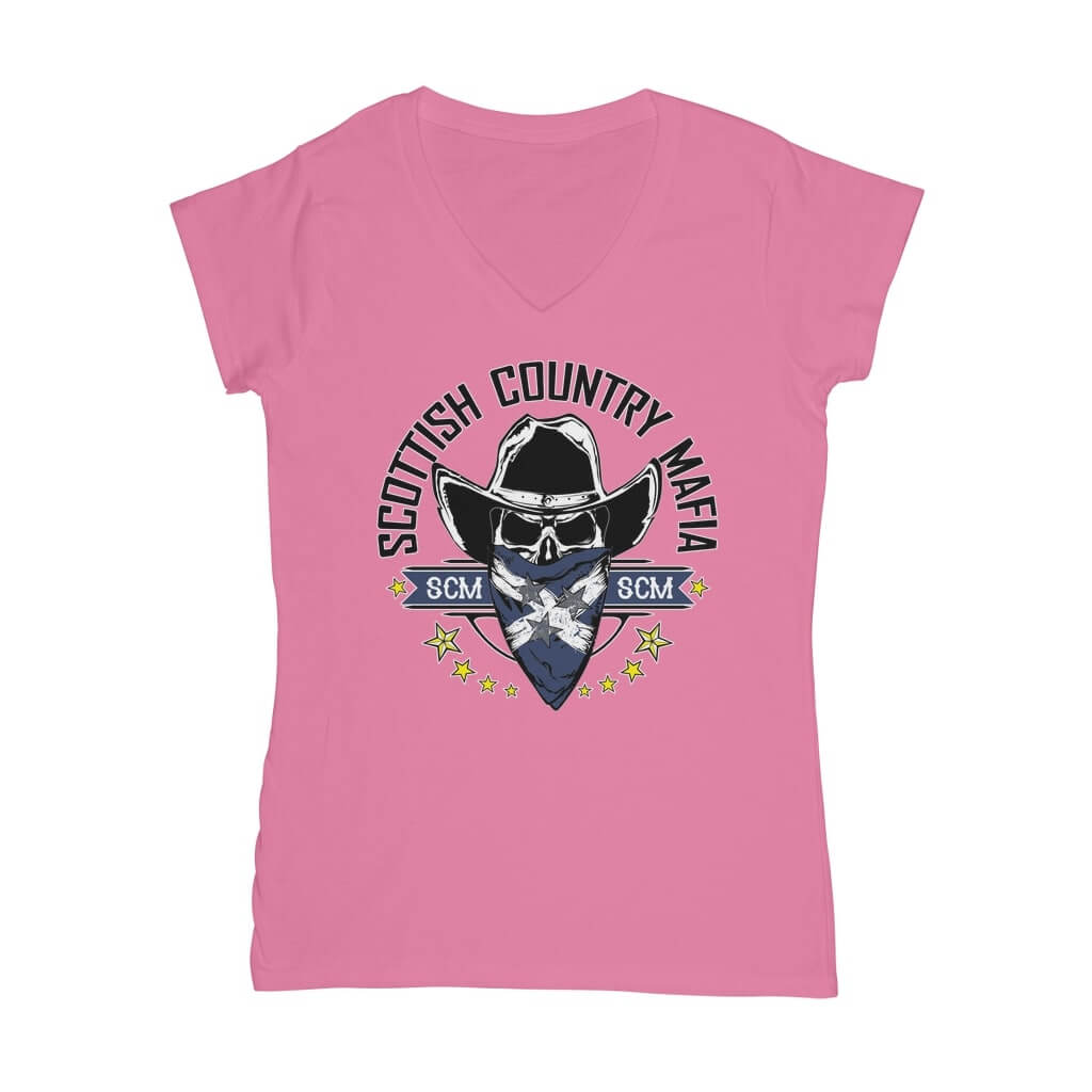 New-SCM-Logo-Classic-Womens-V-Neck-T-Shirt-Front-Design-Light-Pink