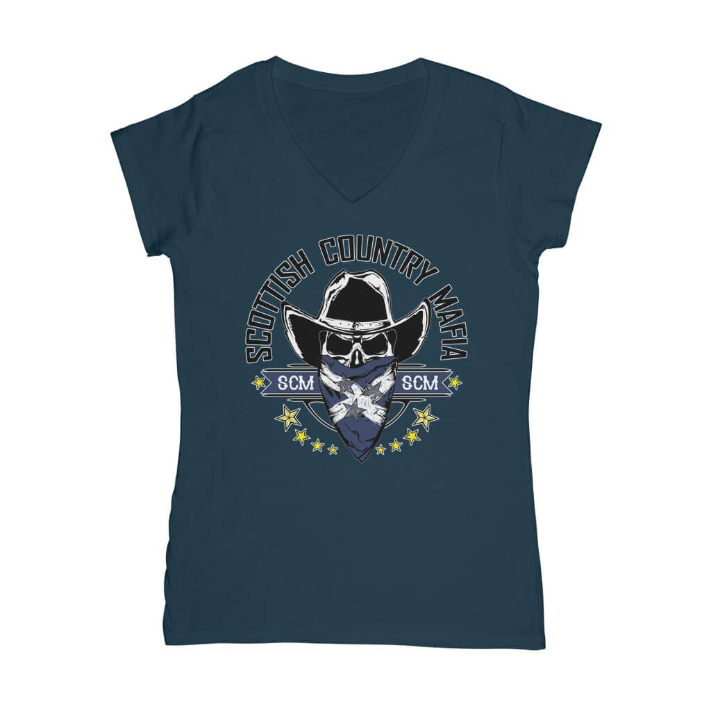 New-SCM-Logo-Classic-Womens-V-Neck-T-Shirt-Front-Design-Navy