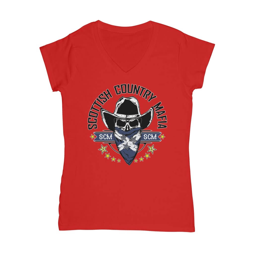 New-SCM-Logo-Classic-Womens-V-Neck-T-Shirt-Front-Design-Red