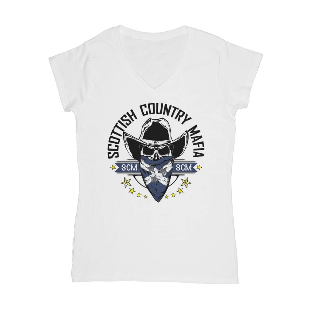 New-SCM-Logo-Classic-Womens-V-Neck-T-Shirt-Front-Design-White